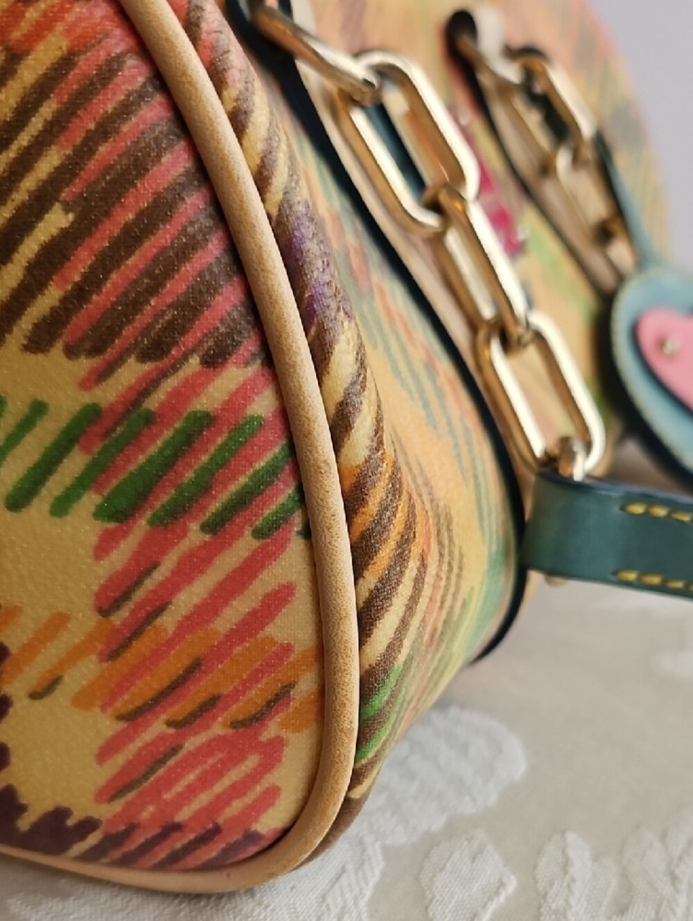 Dooney & Bourke Multicolor Plaid Satchel with Teal Trim and Pink Heart Charm - Picture 12 of 13